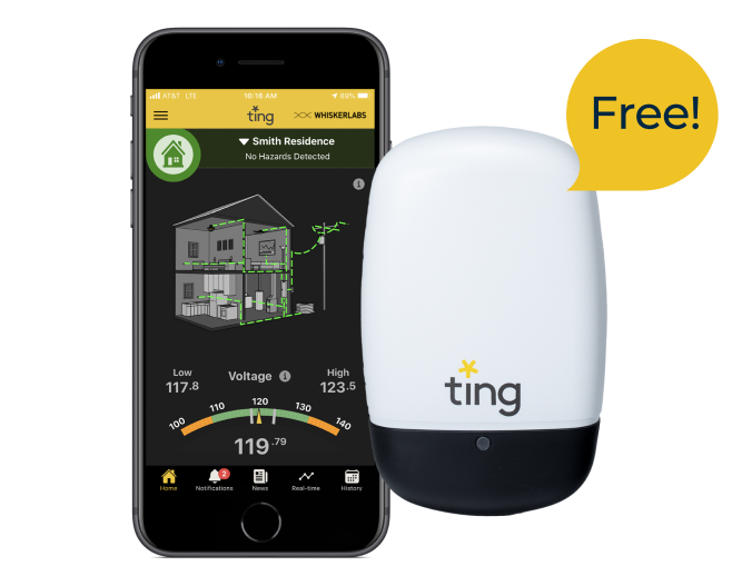 A Ting Sensor and mobile phone with a speech bubble that says "Free!"